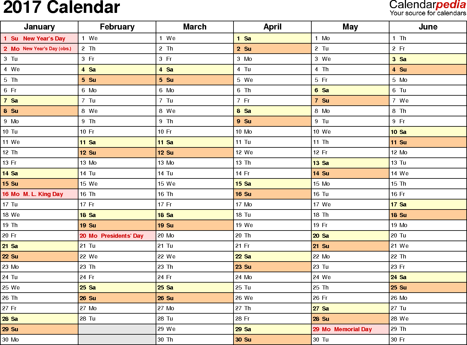 2017 Calendar Download 17 free printable Excel templates (.xls)