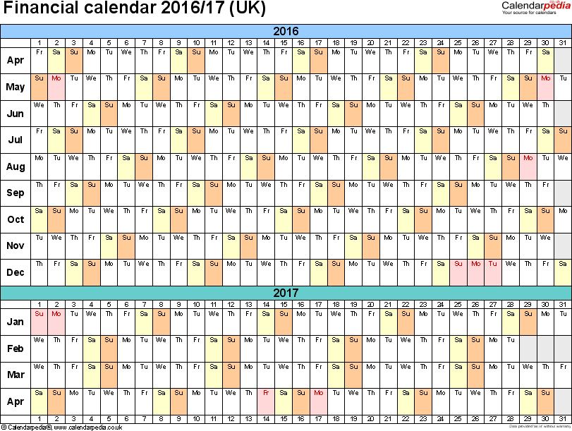 Financial calendars 2016/17 (UK) in Microsoft Excel format