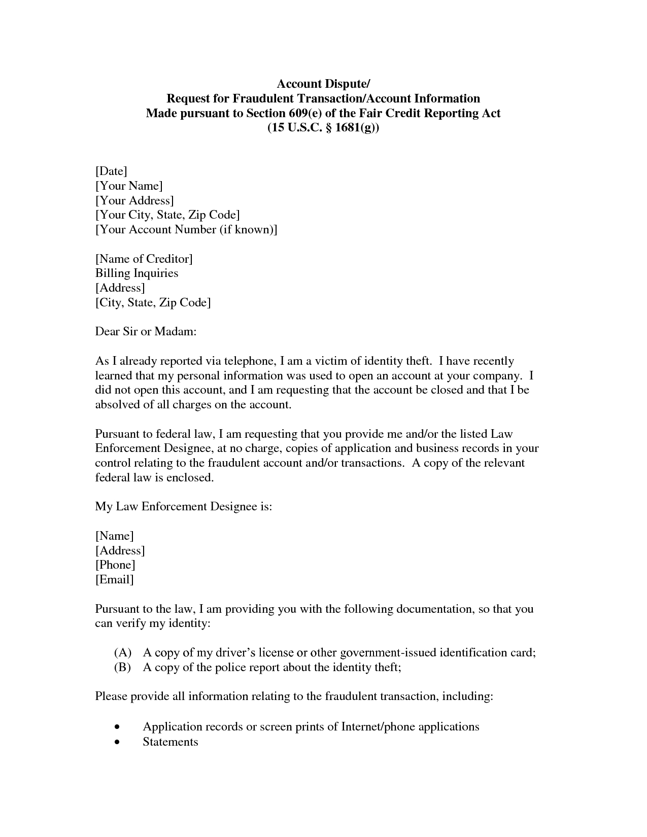Section 609 Credit Dispute Letter Template | articleezinedirectory Section 609 Credit Dispute Letter Template | articleezinedirectory