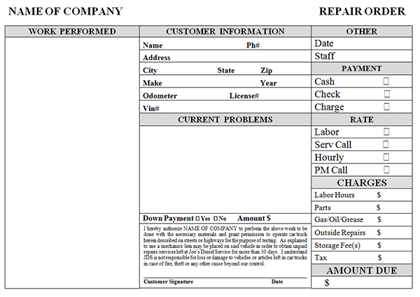 Simple Auto Repair Work Order