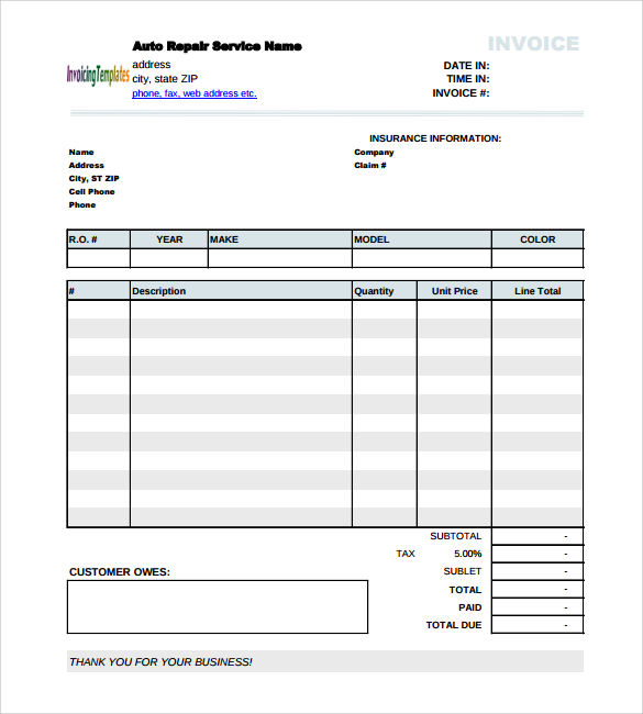 Sample Auto Repair Invoice Template 7 Download Free Documents in PDF