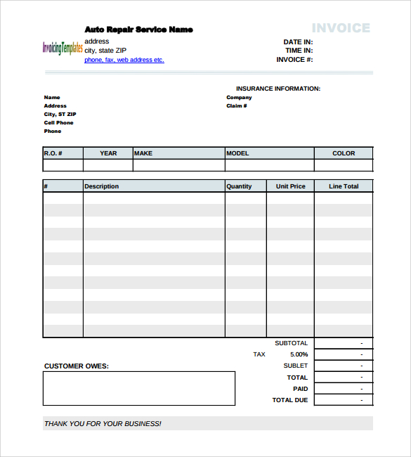 16 Popular Auto Repair Invoice Templates Demplates