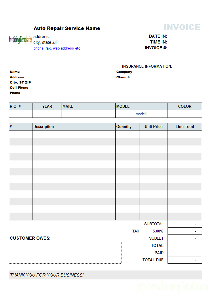 Auto Repair Invoice Template for Excel