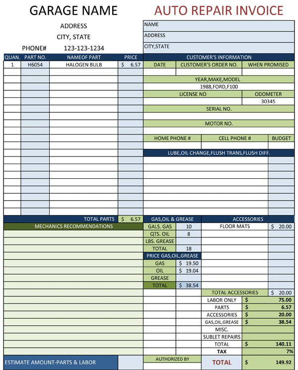 Auto Repair Invoice Template for Excel Auto Repair Invoice Template for Excel