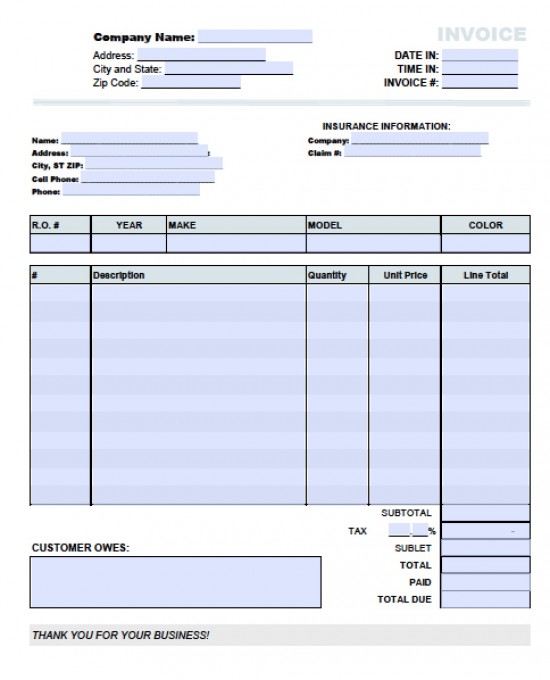 Auto Repair Invoice Template for Excel