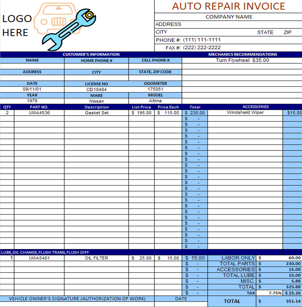 auto repair invoice excel template 2 auto repair invoice excel template 2