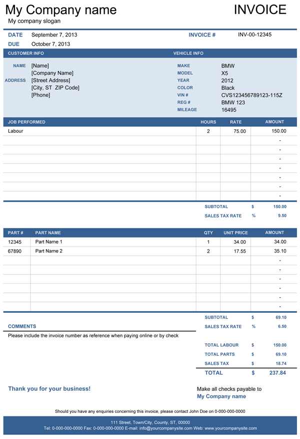 Auto Repair Invoice Template Excel | invoice example