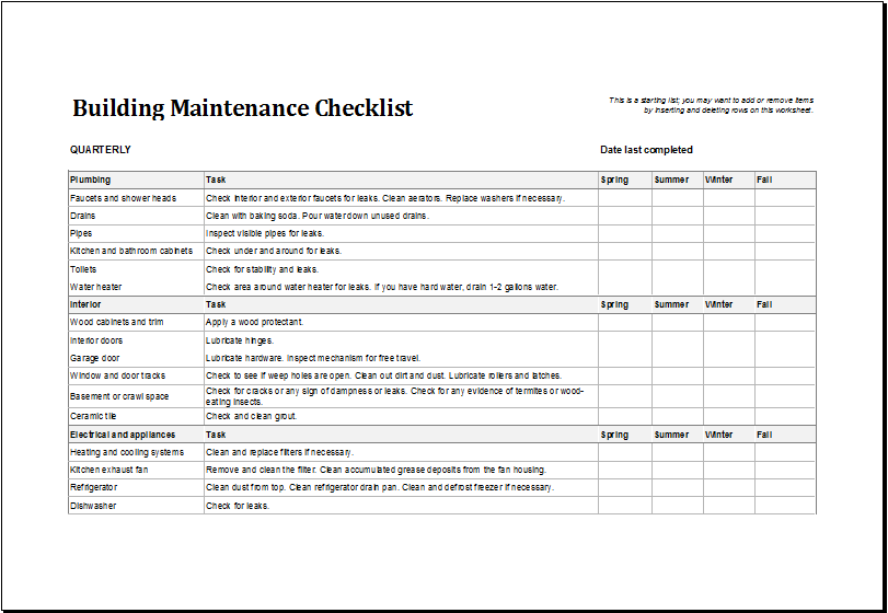 Building Maintenance Checklist Template | Excel Templates