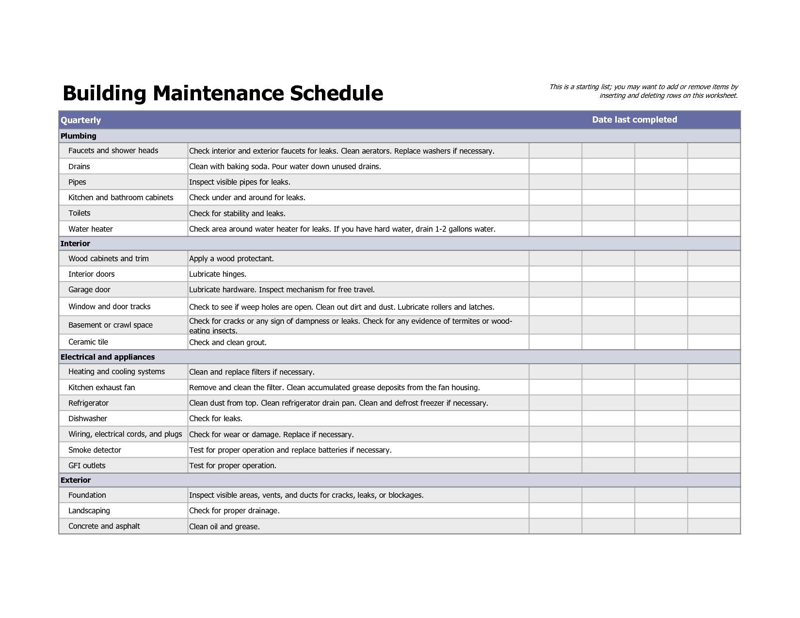 building maintenance schedule excel template – printable