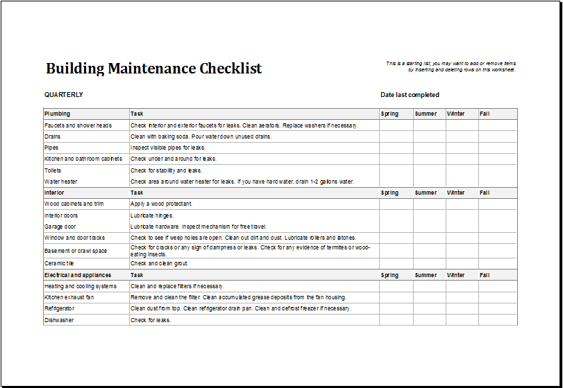 Building Maintenance Checklist Template | Excel Templates Building Maintenance Checklist Template | Excel Templates