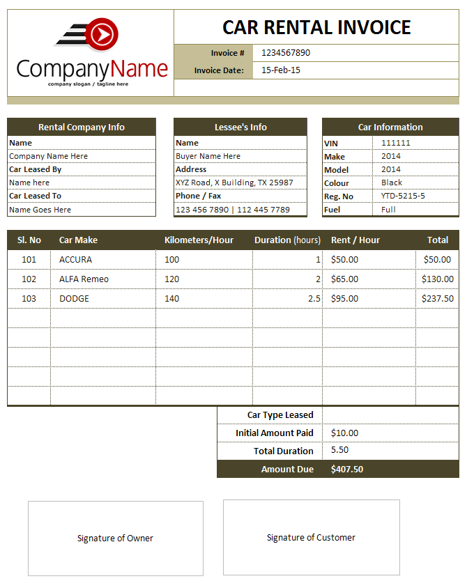 Car Rental And Sales Invoice Templates | Sales Invoices | Free 