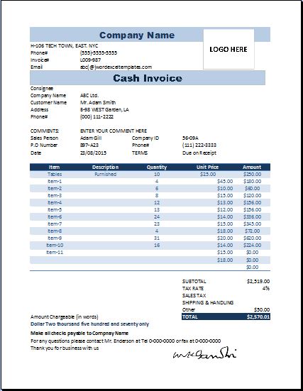 Cash Invoice Template | invoice sample template