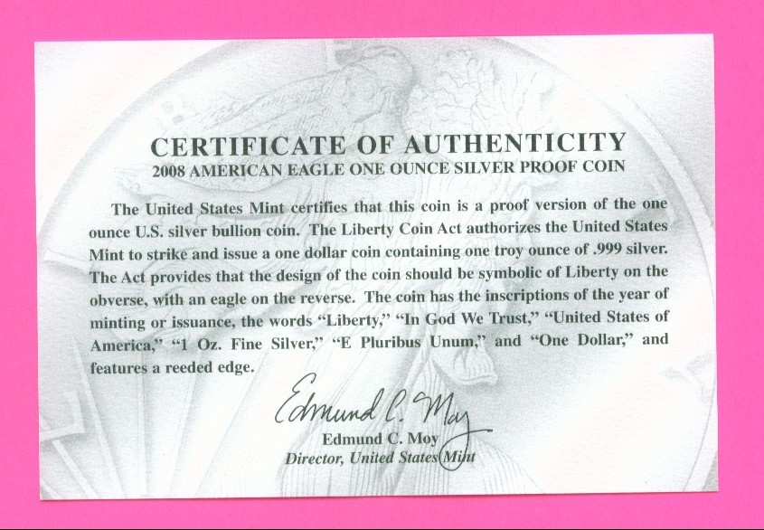 Certificates of Authenticity for Silver Eagle dollar coins Certificates of Authenticity for Silver Eagle dollar coins