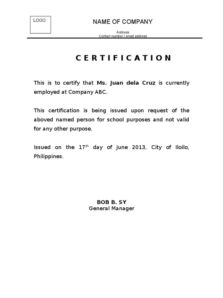 Certificate of employment Certificate of employment