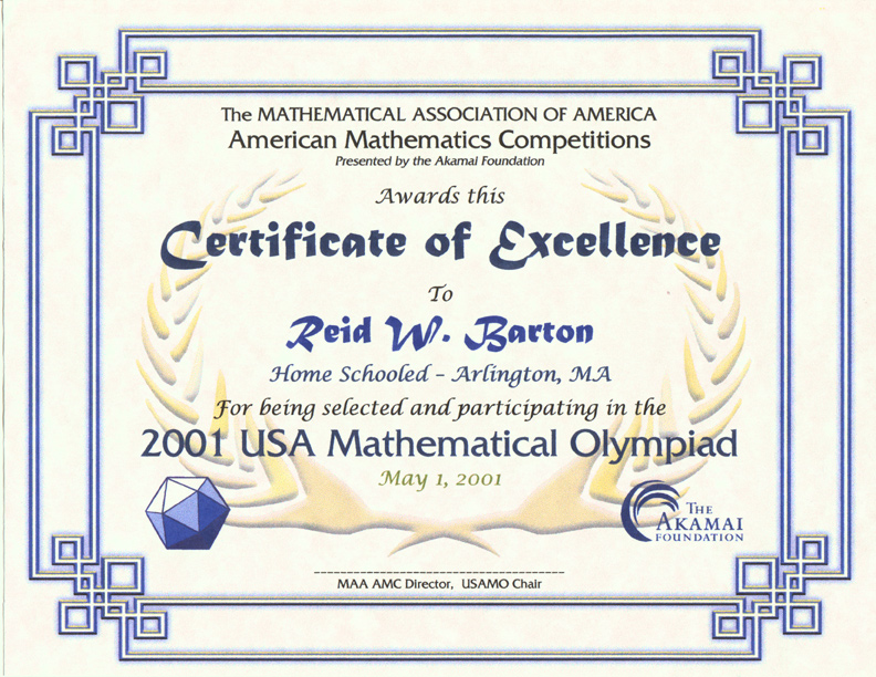 Awards for the AMC 10/AMC 12 Contests, AIME & USAMO Examinations 