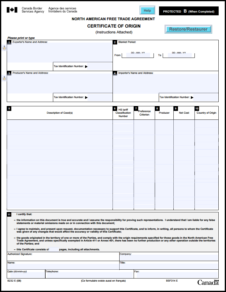 Certificate Of Origin Nafta printable receipt template