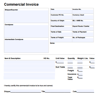 Commercial Invoice Template Excel Commercial Invoice