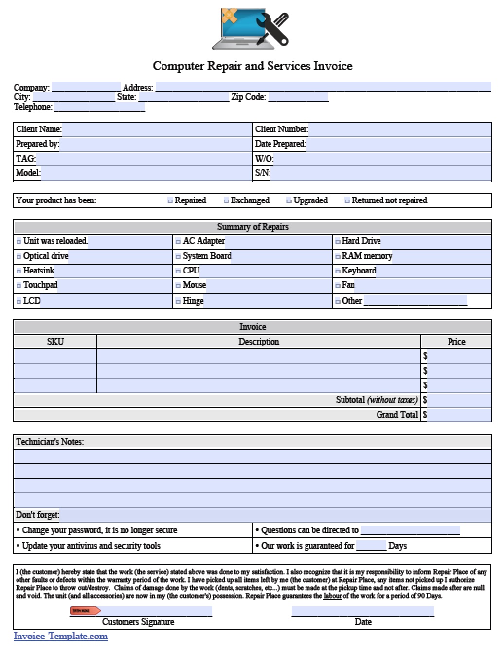 Computer Repair Invoice Template Pdf | invoice sample template