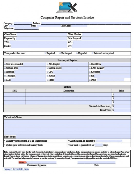 Computer Repair Invoice | Free Template for Excel