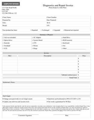 Print: Computer Repair Invoice Sheet | The Fake Geek