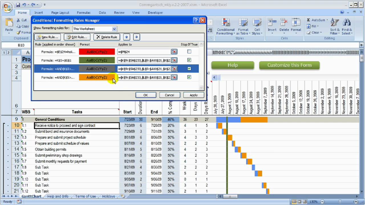 Change colors in gantt chart construction schedule using Excel 