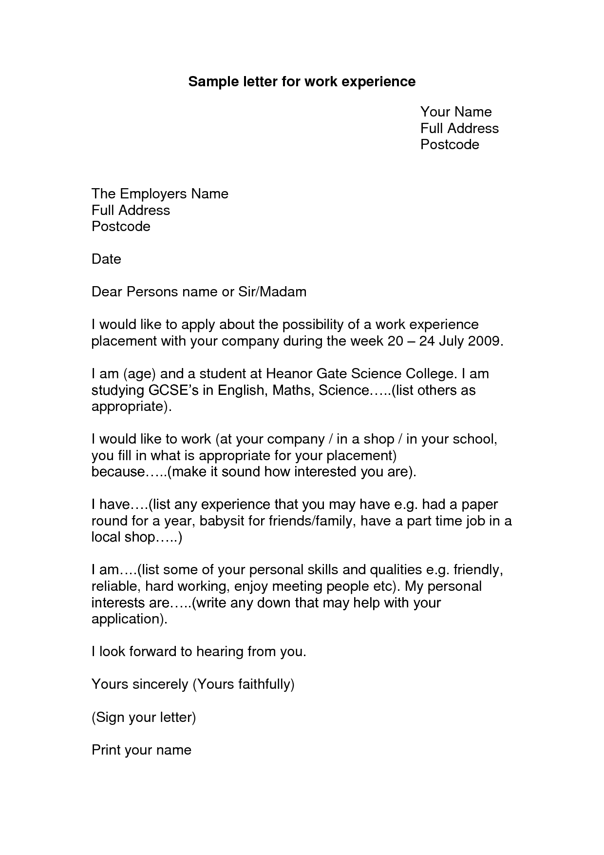 cover letter for work experience placement