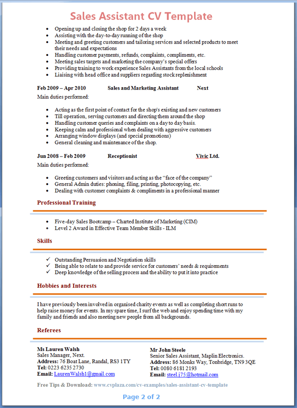 Sales Assistant CV Template + Tips and Download – CV Plaza