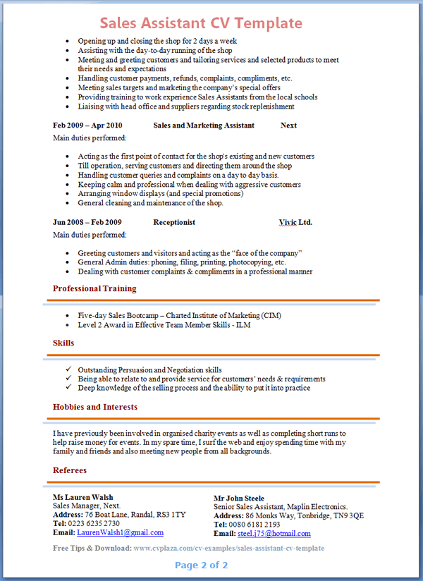 Cv For Retail Sales Assistant Printable Receipt Template