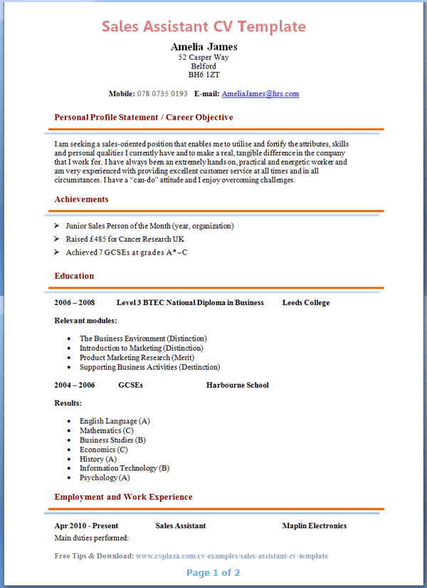 Cv For Retail Sales Assistant – printable receipt template