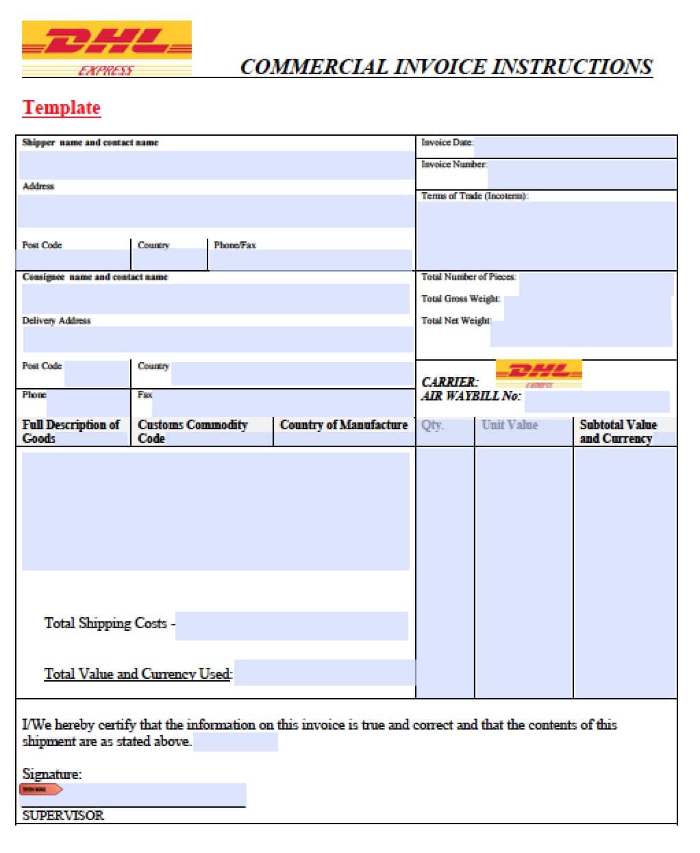 Free DHL Commercial Invoice Template | Excel | PDF | Word (.doc) Free DHL Commercial Invoice Template | Excel | PDF | Word (.doc)