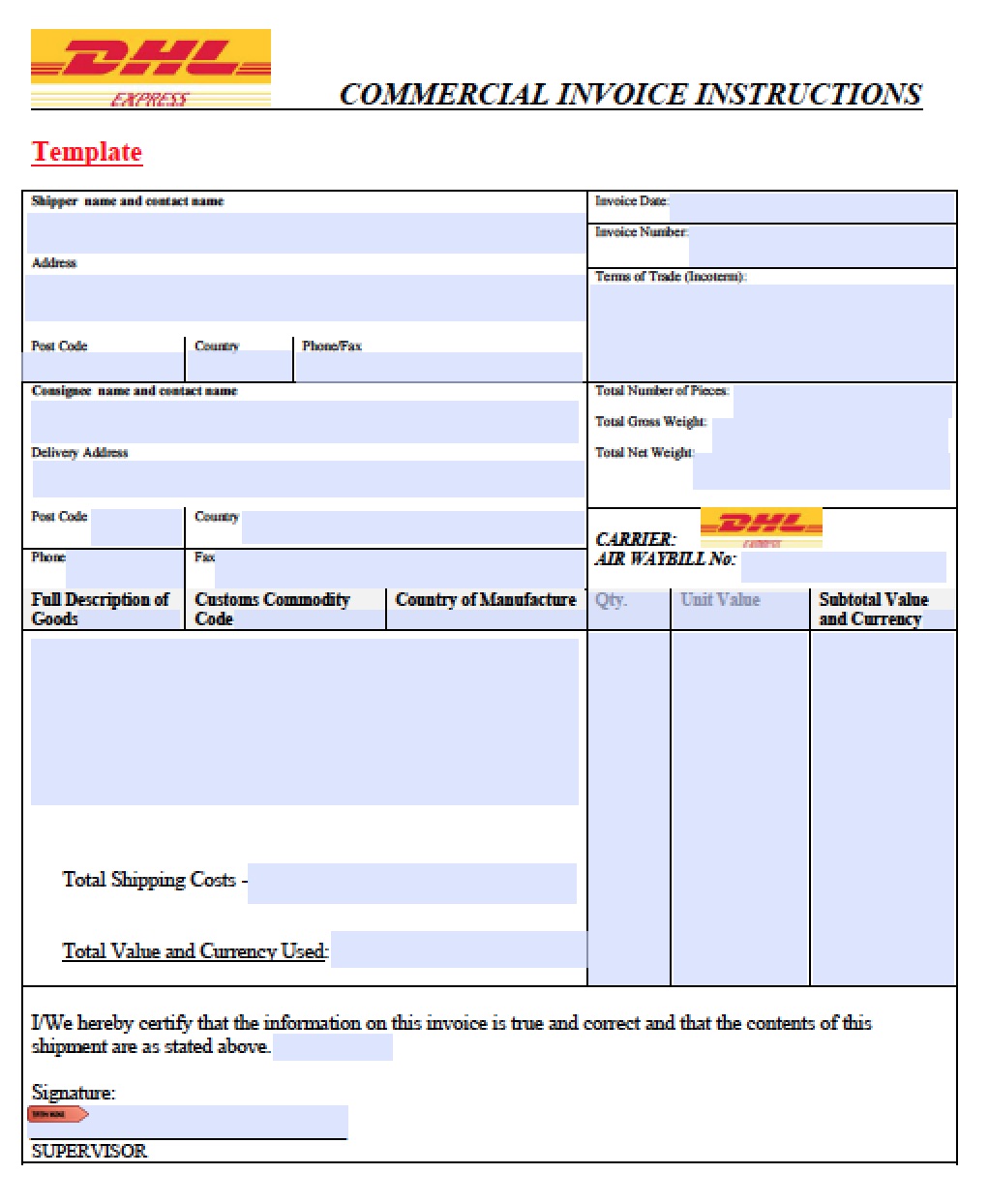 Dhl Commercial Invoice Fill Online, Printable, Fillable, Blank 