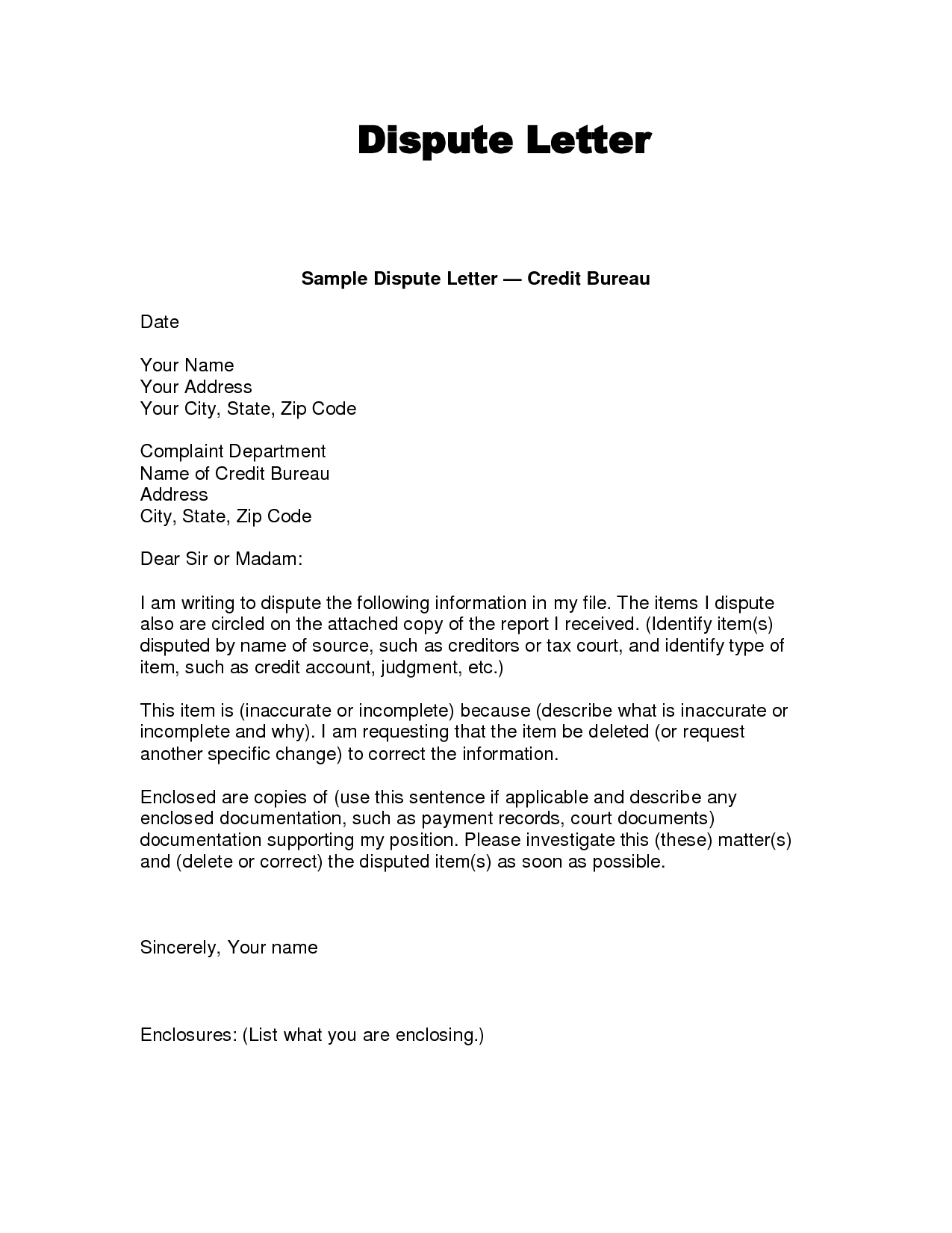 Dispute Letter To Credit Bureau Template – printable ...