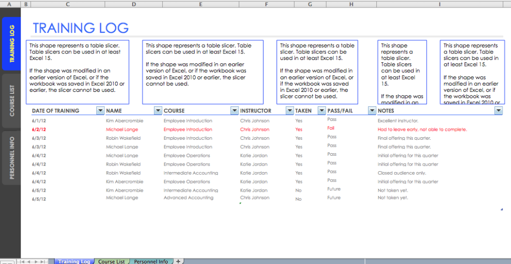 employee training log template excel