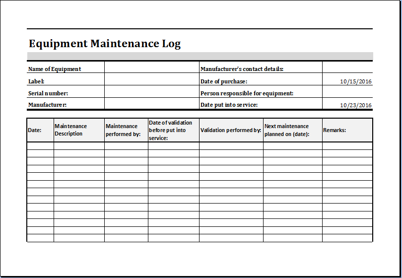 Equipment Maintenance Log Template MS Excel | Excel Templates