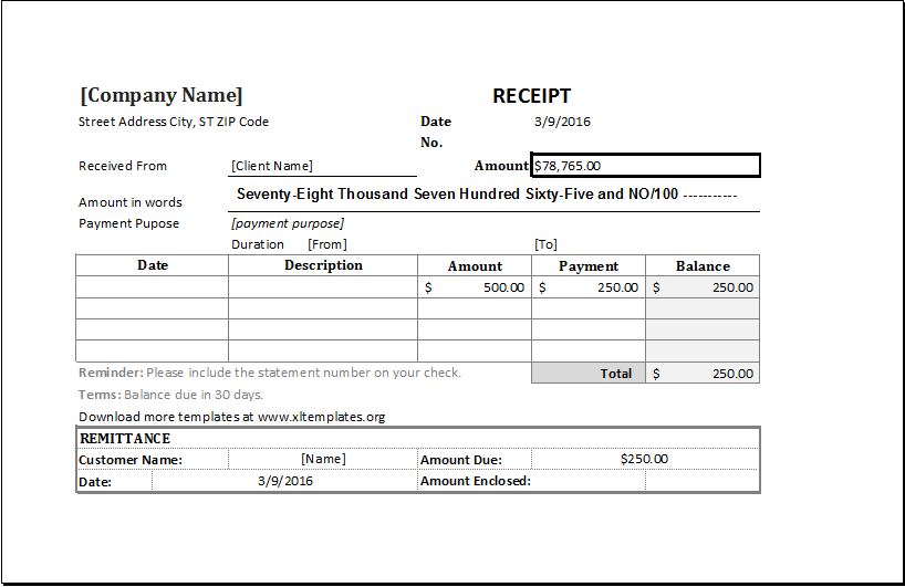 Cash Receipt Template for Excel