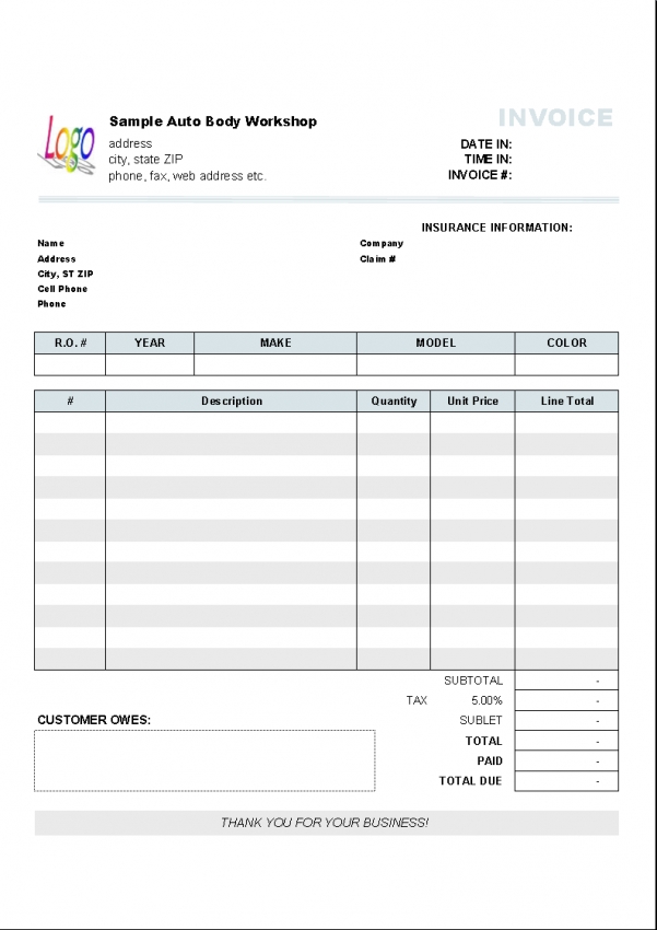 Auto Repair Invoice Template for Excel