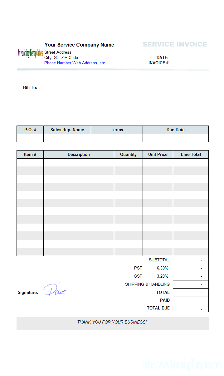 Sample Service Invoice Template: Using Handwriting Signature