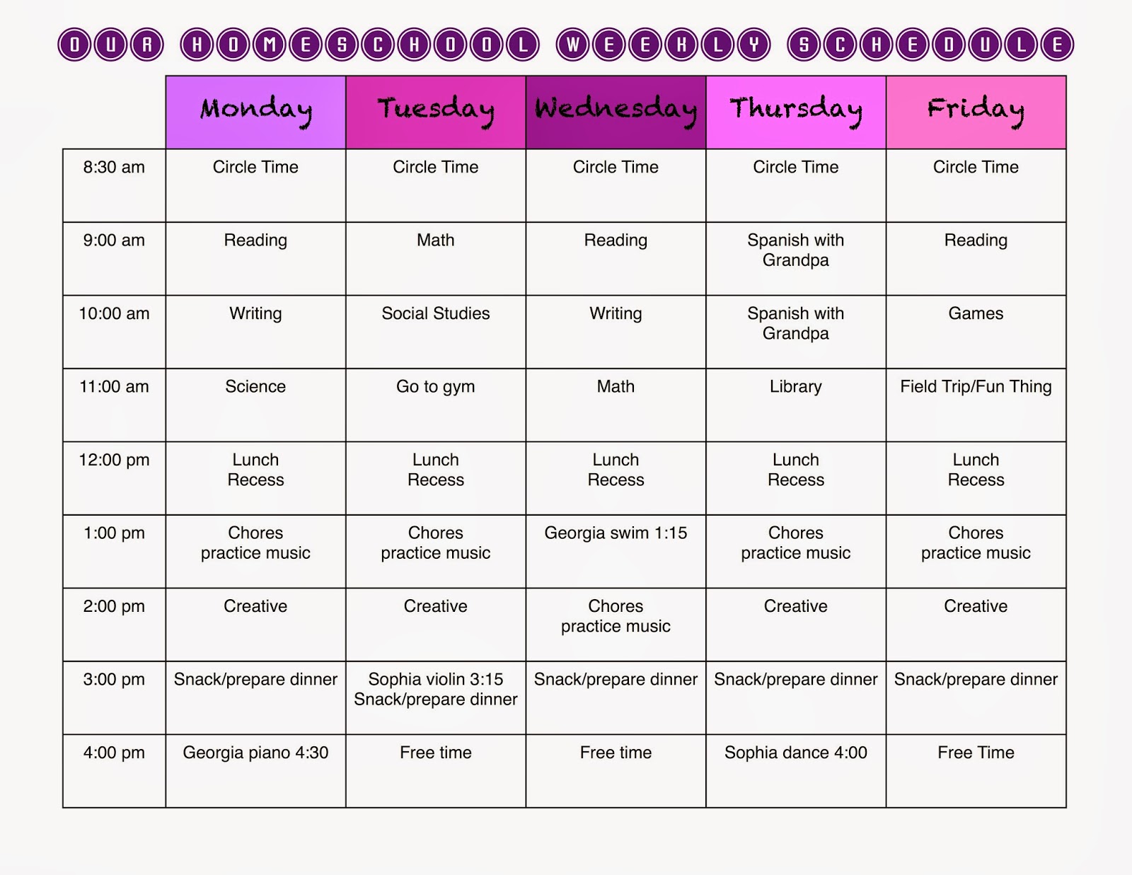 A Marmie Life: Homeschool Weekly Schedule and a free template