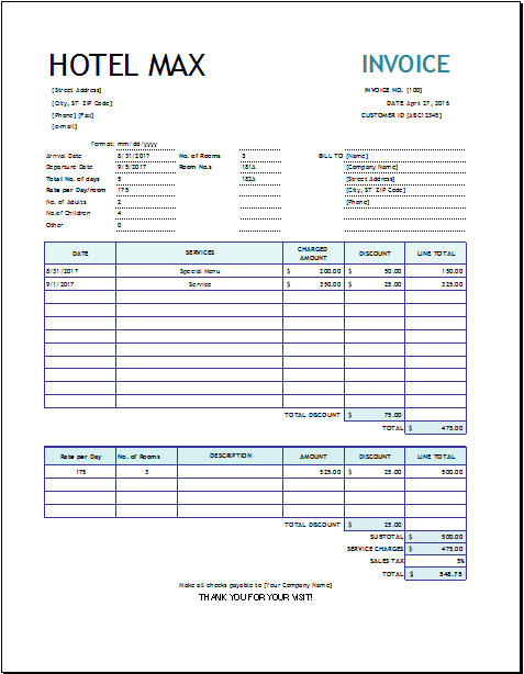 Hotel Invoice Template for EXCEL | EXCEL INVOICE TEMPLATES