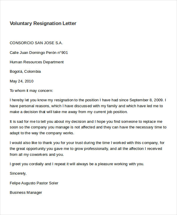 Volunteer Resignation Letter Template 6+ Free Word, PDF Format 