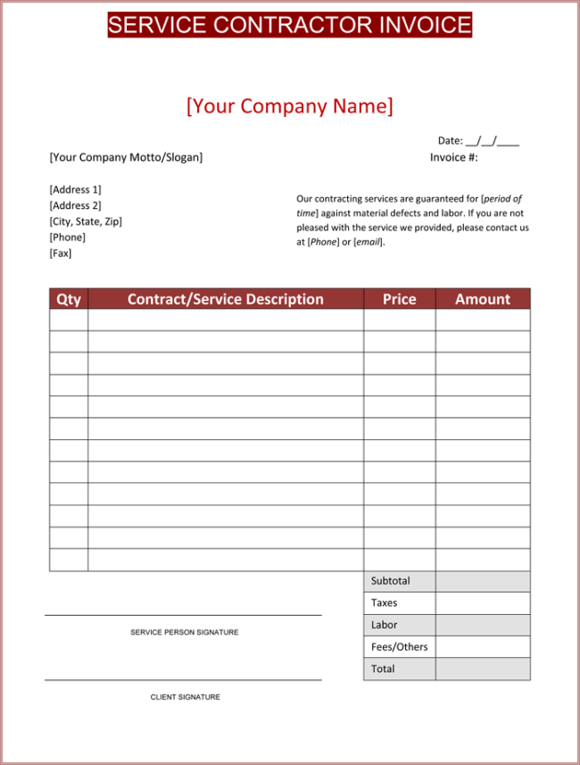 Contractor Invoice Template 6 Printable Contractor Invoices