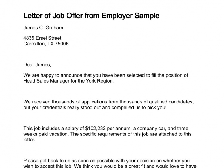 Sample Of Job Offer Letter From Employer Shishita world.com