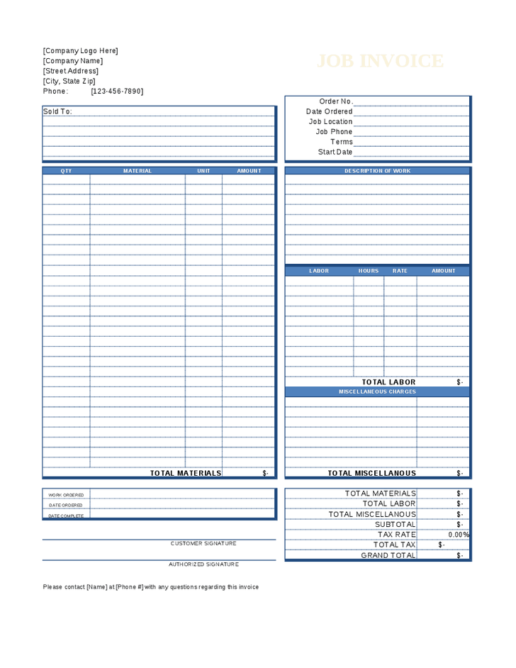 Job Invoice Template | printable invoice template