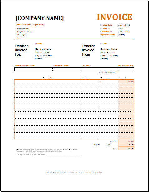 Account Transfer Invoice for EXCEL | EXCEL INVOICE TEMPLATES