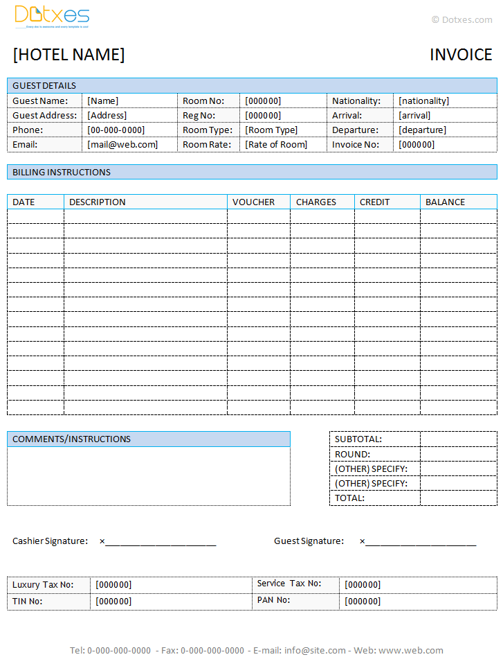 Hotel Invoice Template (in Microsoft Word®)