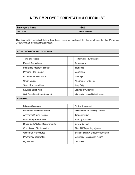 Checklist New Employee Orientation Template & Sample Form 