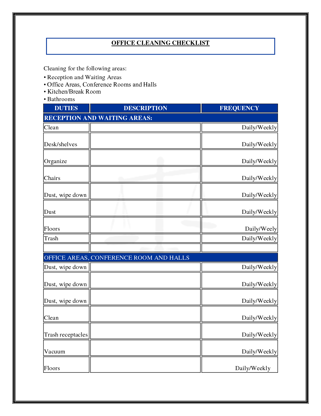 Office Cleaning List Duties Printable Receipt Template