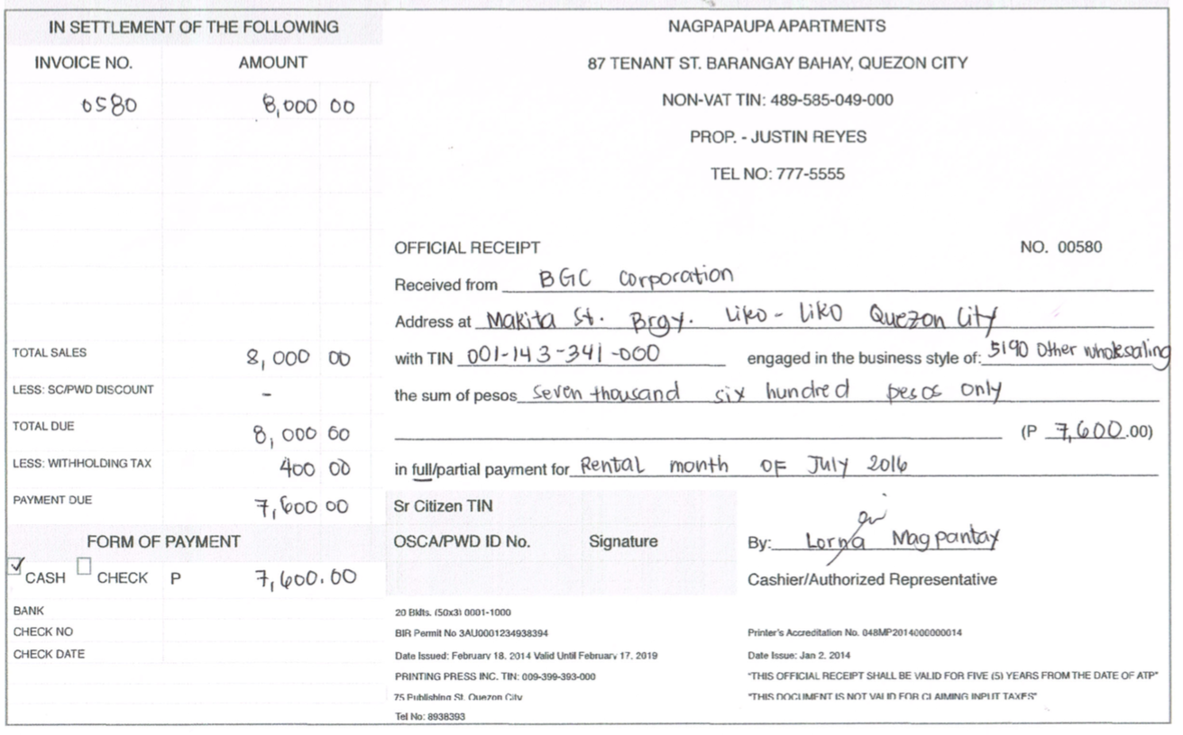 sample official receipt form documents bizdoska rent template free 