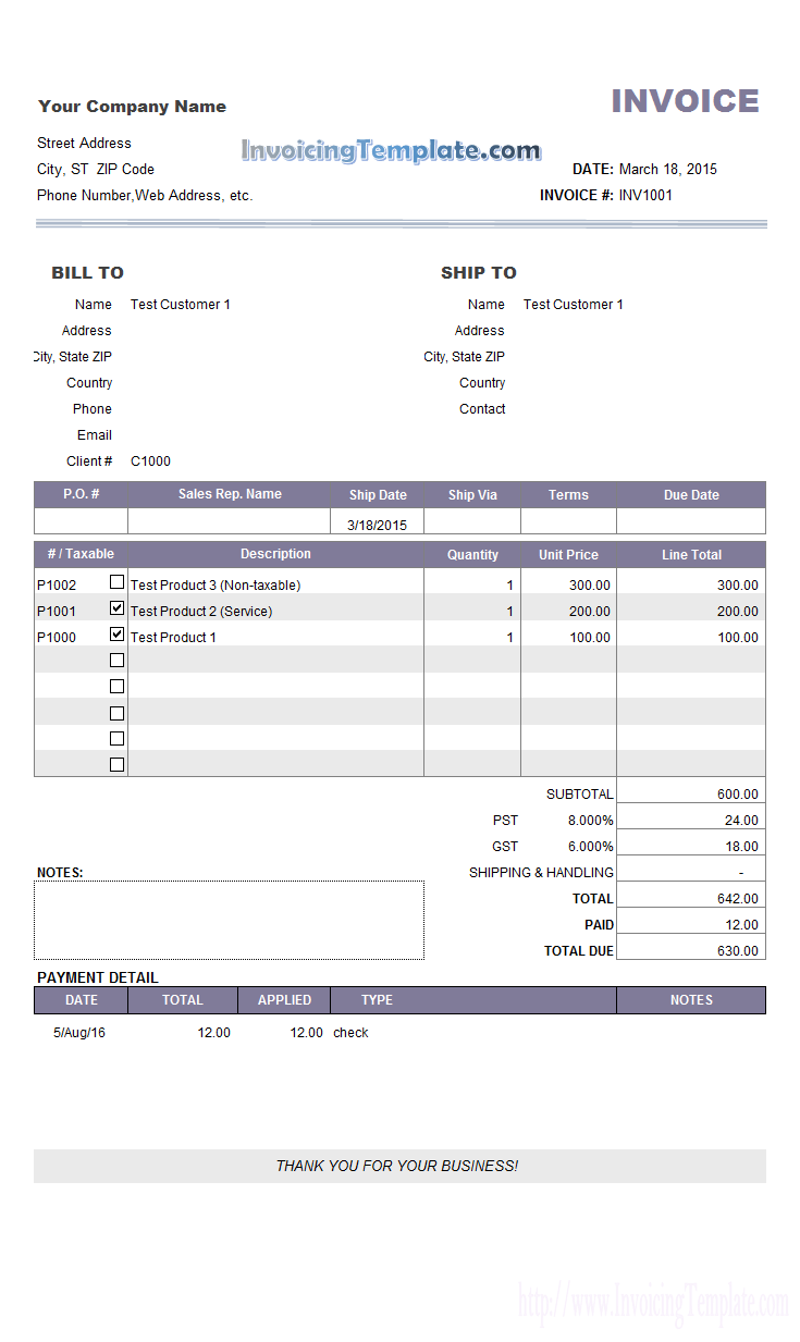 Invoice Sample with Partial Payment and Payment History