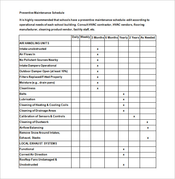 Preventive Maintenance Schedule Template 35+ Free Word, Excel 